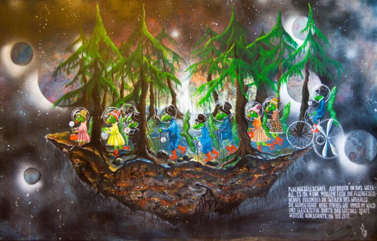 12F Aufbruch in das Weltall. Acryl auf Leinwand 75+116cm Aus der Reihe Fischgesellschaft
