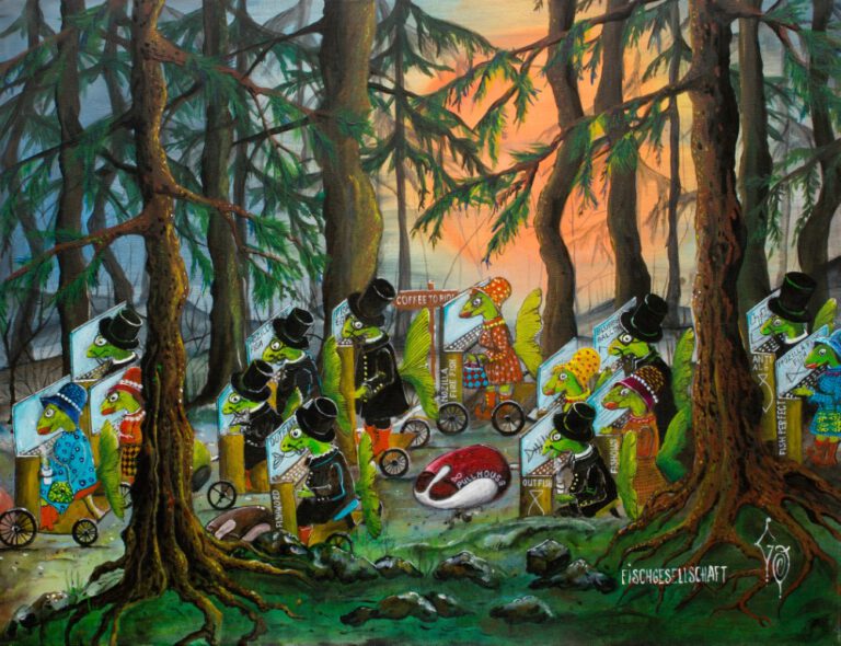 4F Das mobile Waldbüro. Acryl auf Leiwand 57,6+75cm Aus der Reihe Fischgesellschaft