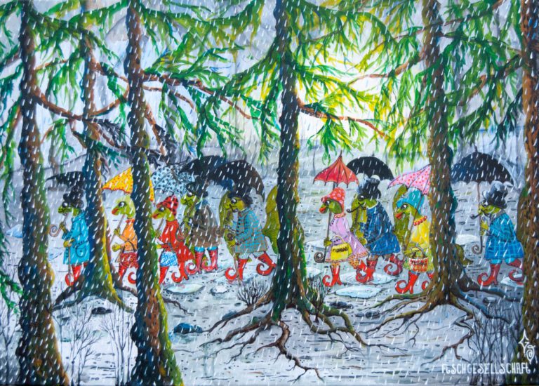 17F Fischgesellschaft im Regen. Acryl auf Leinwand 50+70cm Aus der Reihe Fischgesellschaft